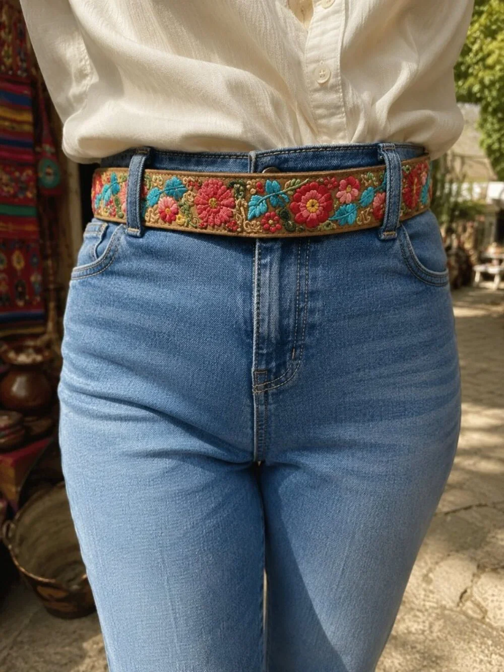 Artesana Love Floral Hand Embroidered Wool Belt Size - Medium NWT NEW Multicolor